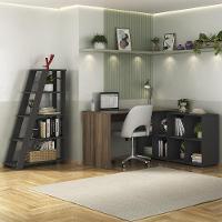 Mesa Escrivaninha Em L Eron E Estante Livreiro Stela A06 Freijó/preto - Mpozenato - 2