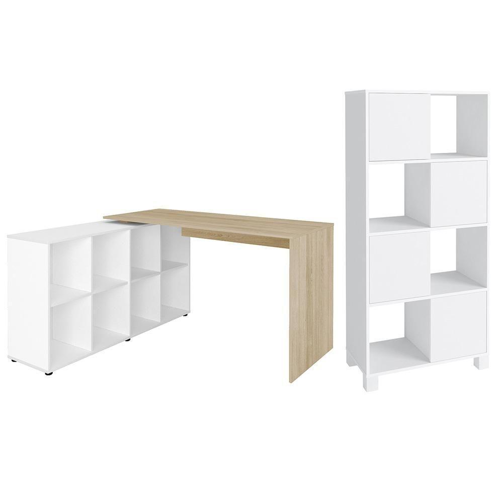 Mesa Escrivaninha Em L Eron E Estante Livreiro Maly A06 Branco/carvalho - Mpozenato - 1