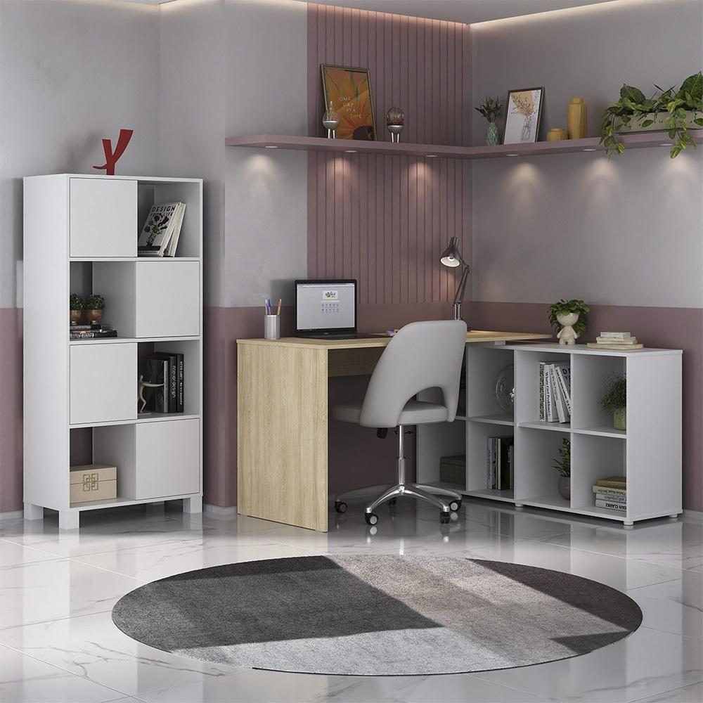 Mesa Escrivaninha Em L Eron E Estante Livreiro Maly A06 Branco/carvalho - Mpozenato - 5