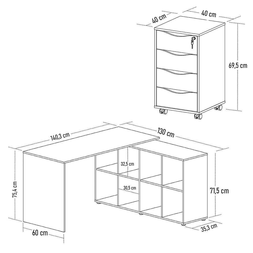 Mesa Escrivaninha Em L Eron E Gaveteiro Com Rodízios Mity A06 Preto - Mpozenato - 4