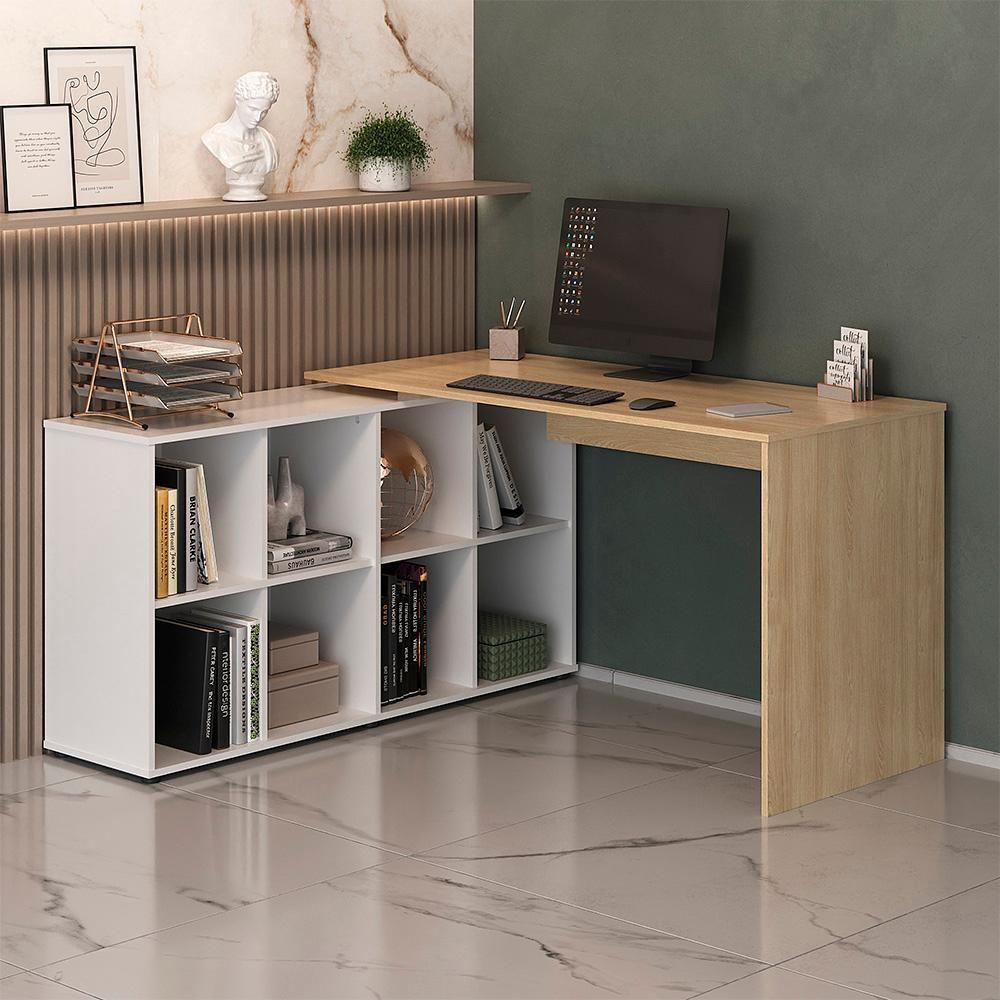 Mesa Escrivaninha Em L 140x130cm 8 Nichos Eron A06 Carvalho/branco - Mpozenato - 2