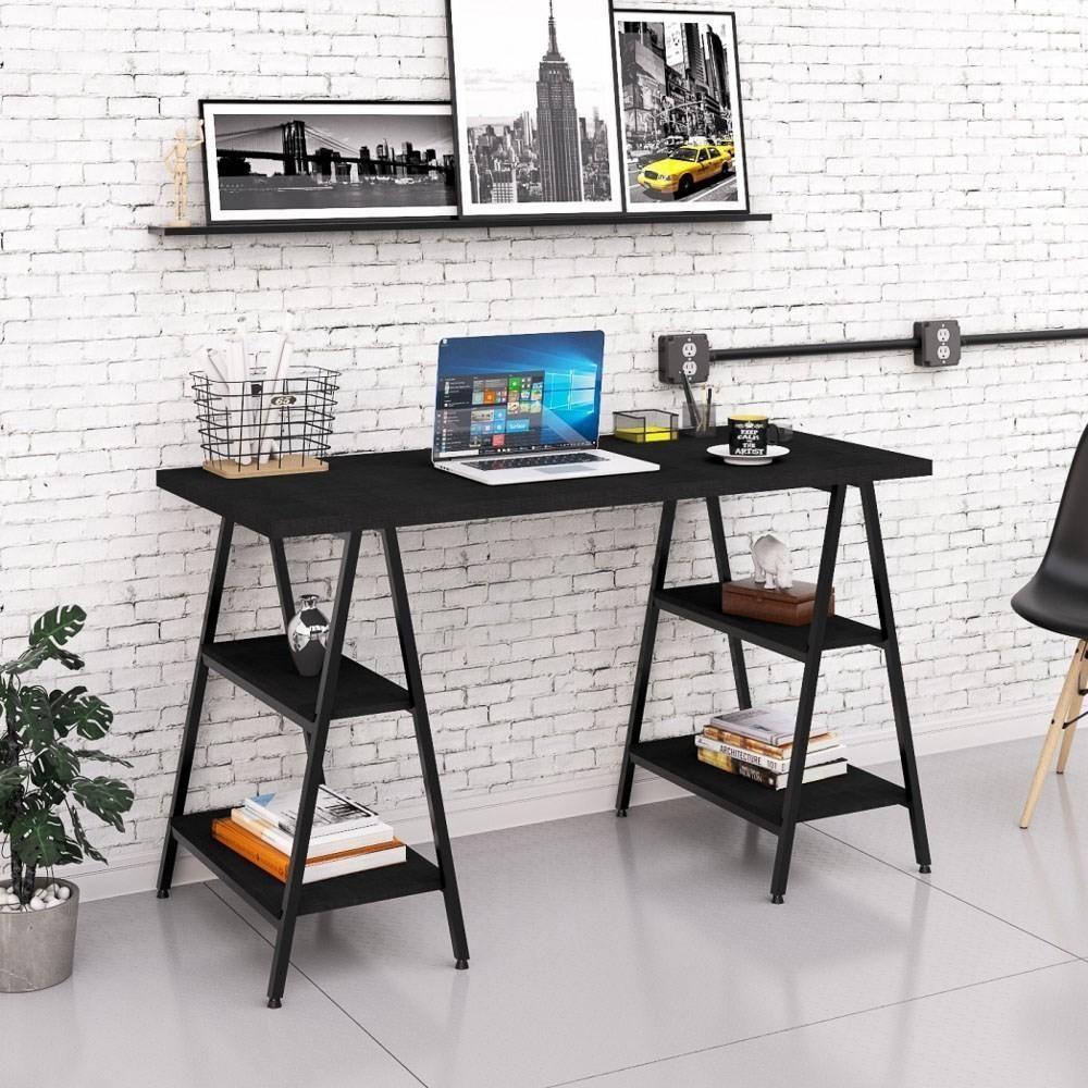 Mesa Escrivaninha Cavalete 135cm Estilo Industrial Prisma C08 Preto ônix/preto - Mpozenato - 2
