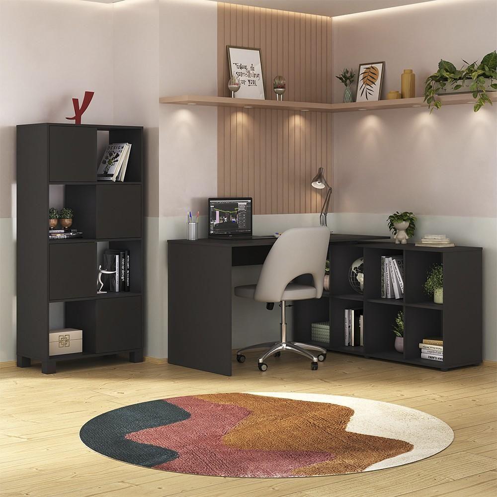 Mesa Escrivaninha Em L Eron E Estante Livreiro Maly A06 Preto - Mpozenato - 2