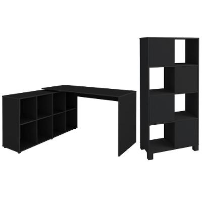 Mesa Escrivaninha em l e Estante Eron Maly A06 4 Portas MDP 140.3cm Preto Mpozenato