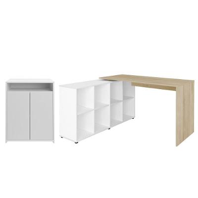 Mesa Escrivaninha em l Eron e Balcão Look A06 2 Portas MDP 140.3cm Carvalho-Branco