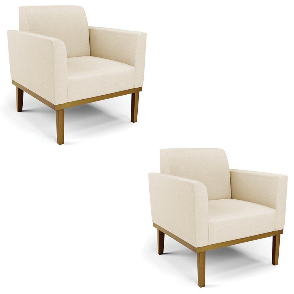 Poltrona Base Madeira Castanho Kit 2 Maressa Linho Bege - Ibiza - 1