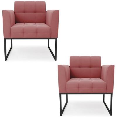 Kit 2 Poltronas Ana Base Industrial Suede Preto Rosa Ibiza