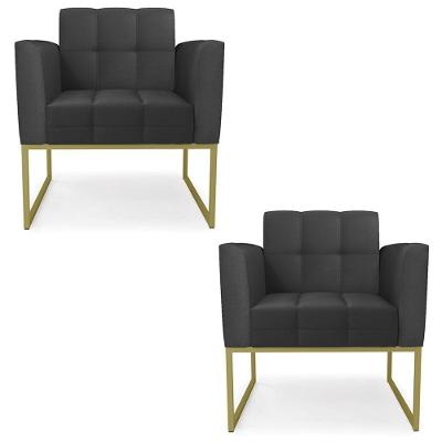 Kit 2 Poltronas Ana Base Industrial Couro Sintético Preto Dourado Ibiza