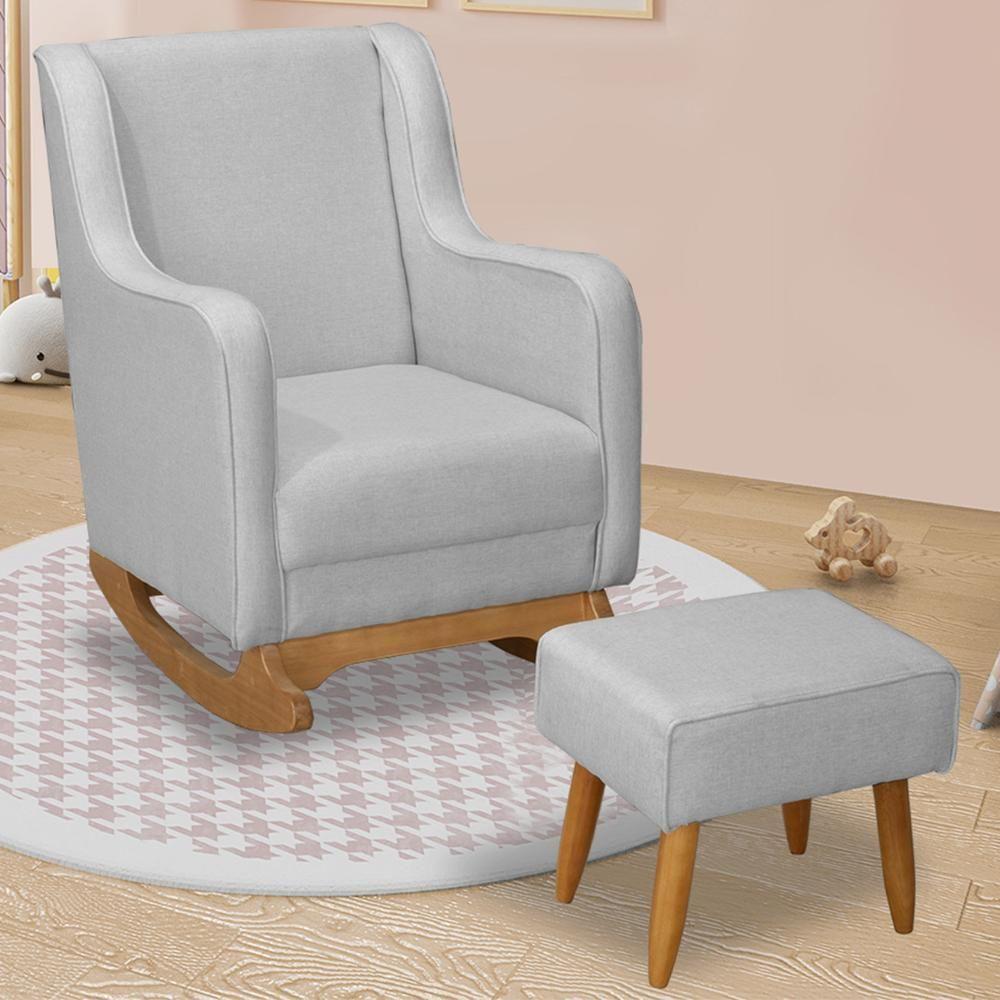 Poltrona Amamentação Base Balanço E Puff Vick Linho Cinza F03 - Mpozenato - 2