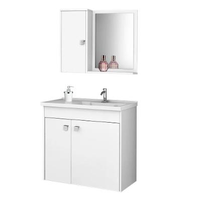 Kit Banheiro Gabinete 56cm Pia E Armário Com Espelho Munique Branco - Bechara