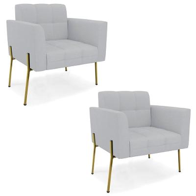 Kit 2 Poltronas Para Sala Ana Linho Cinza Pés Metal Dourado Ibiza