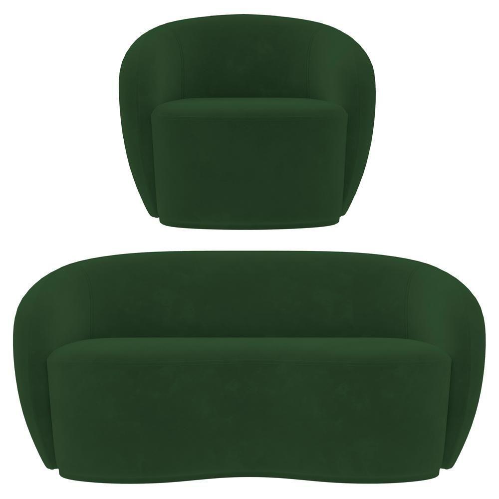 Sofá 3 Lugares Living 180cm E 1 Poltrona Giratória Garbin Z08 Veludo Verde - Mpozenato - 1