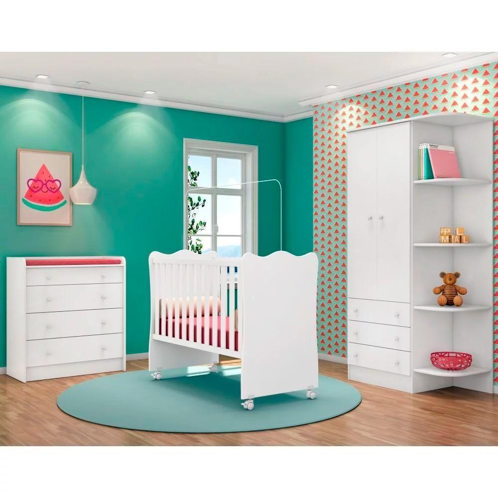 Quarto De Bebê Completo Certificado Pelo Inmetro Doce Sonho 2 Portas E Berço Simples Branco - Qmovi - 1