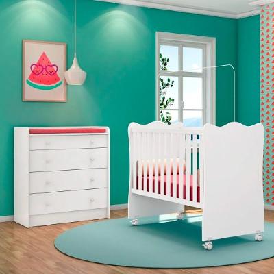 Quarto De Bebê Cômoda 4 Gavetas Certificado Pelo Inmetro Doce Sonho E Berço Simples Branco - Qmovi