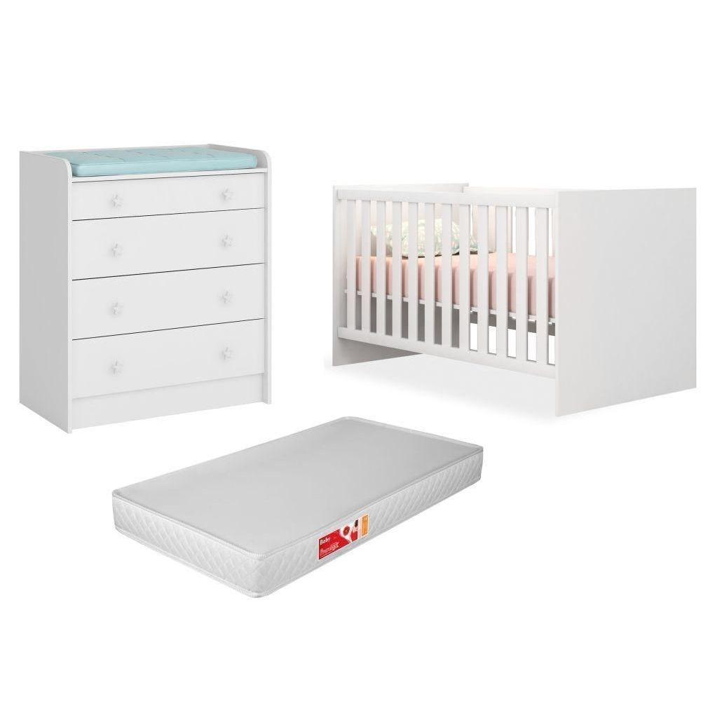 Quarto De Bebê Cômoda 2523 E Berço 1344 Certificado Pelo Inmetro Doce Sonho Com Colchão Branco - Qmovi - 1