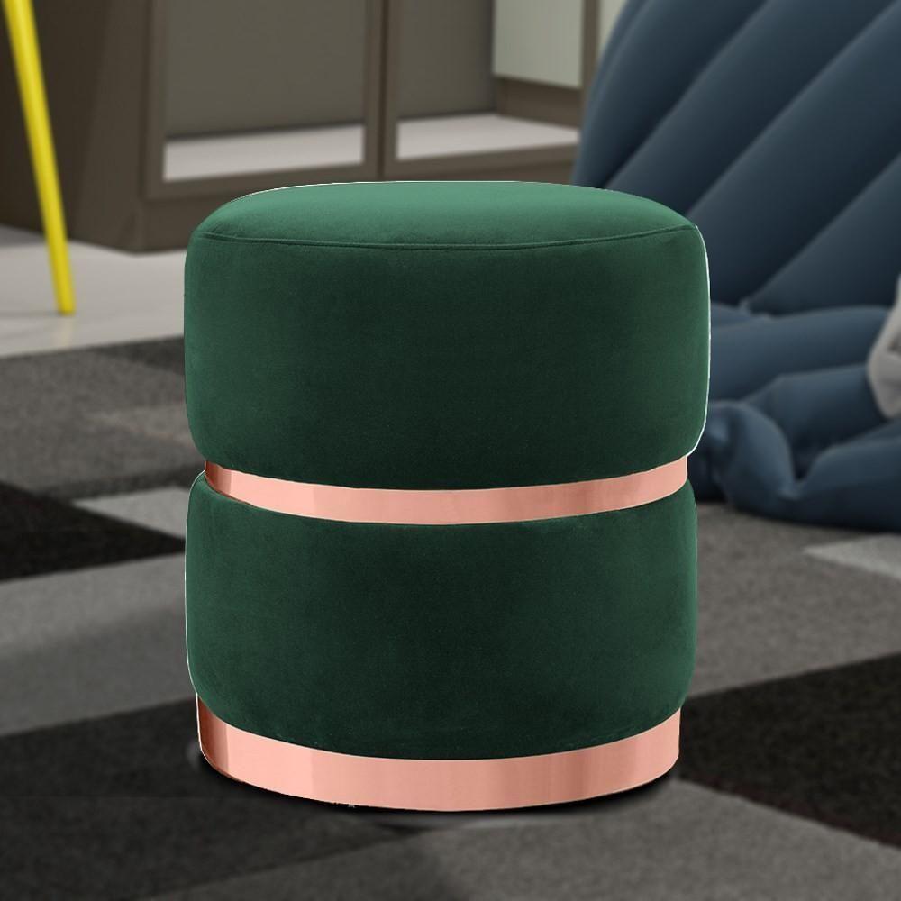 Puff Decorativo Com Cinto E Aro Rosê Round C-303 Veludo Verde Musgo - Domi - 2