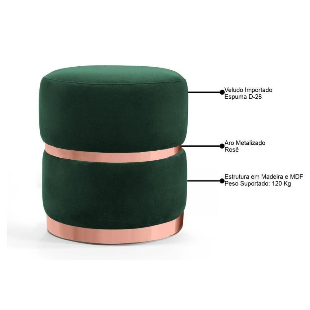 Puff Decorativo Com Cinto E Aro Rosê Round C-303 Veludo Verde Musgo - Domi - 3
