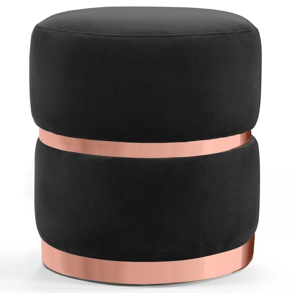 Puff Decorativo Com Cinto E Aro Rosê Round C-300 Veludo Preto - Domi - 1