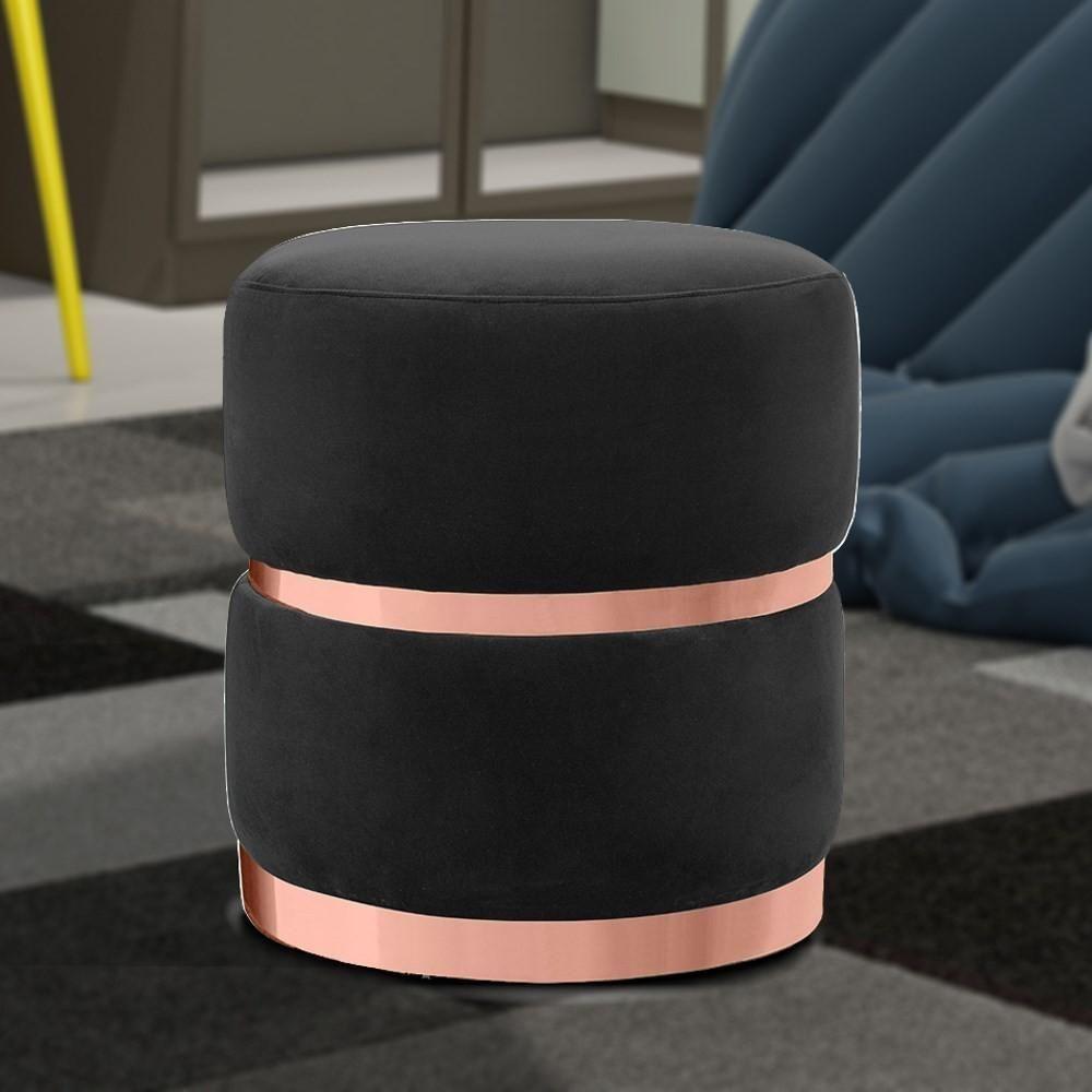 Puff Decorativo Com Cinto E Aro Rosê Round C-300 Veludo Preto - Domi - 2