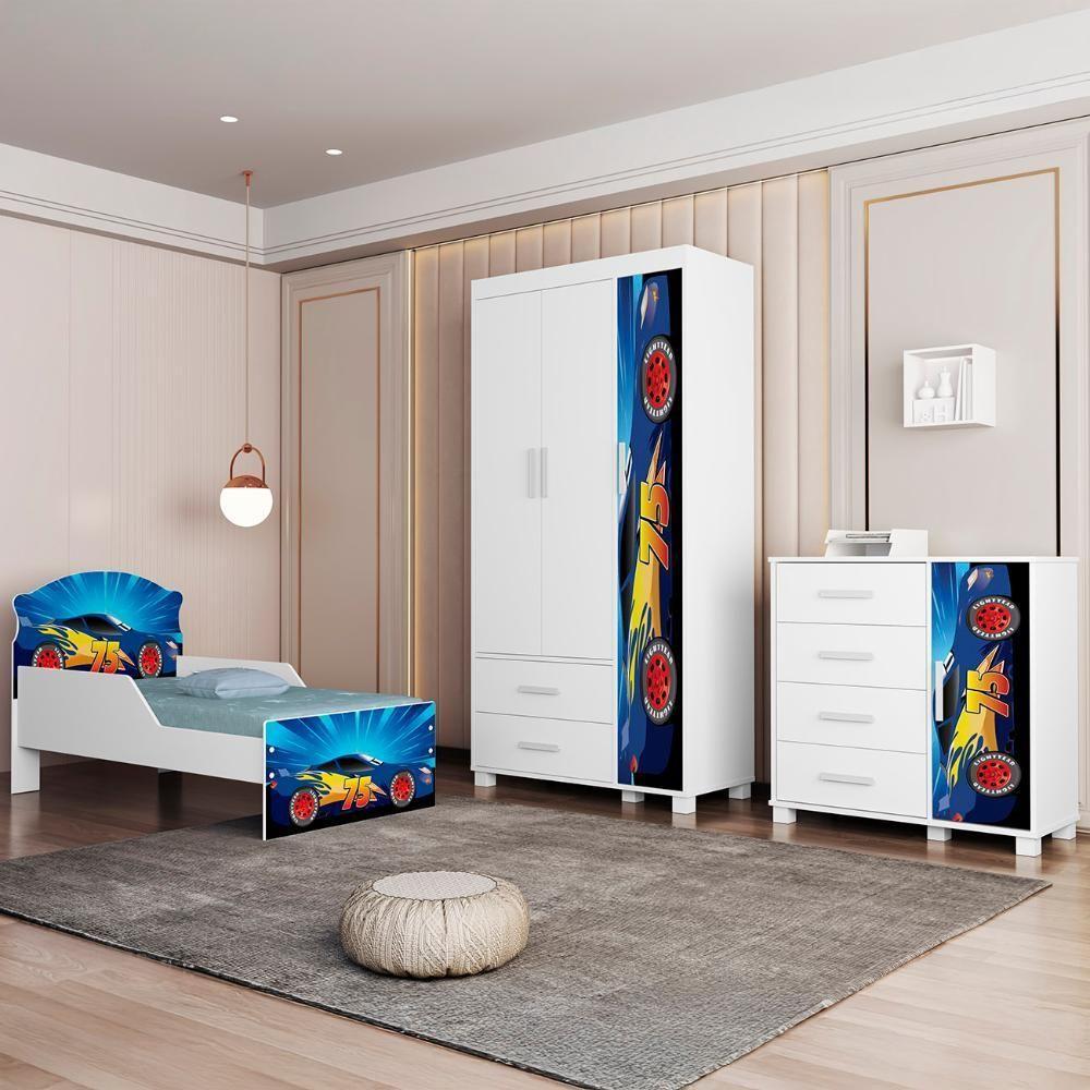 Quarto Infantil 3 Peças Com Mini Cama Carro Azul Z53 - Mpozenato - 2
