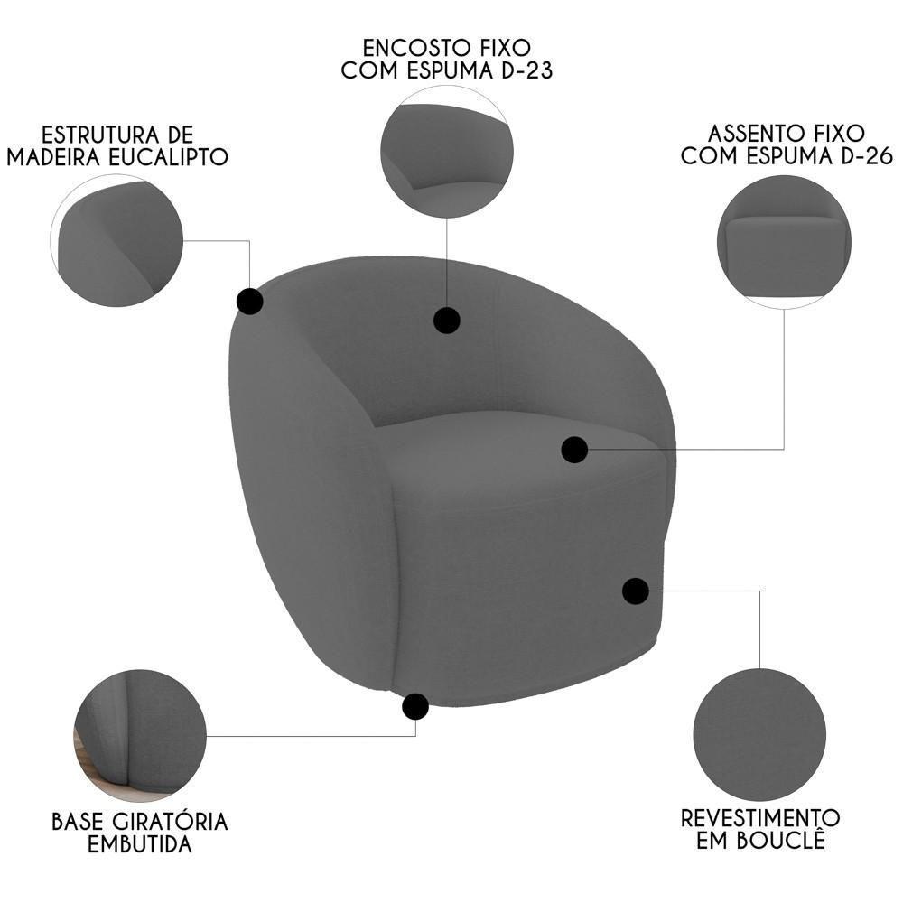 Sofá 2 Lugares Living 160cm E 1 Poltrona Giratória Garbin Z08 Boucle Cinza - Mpozenato - 3