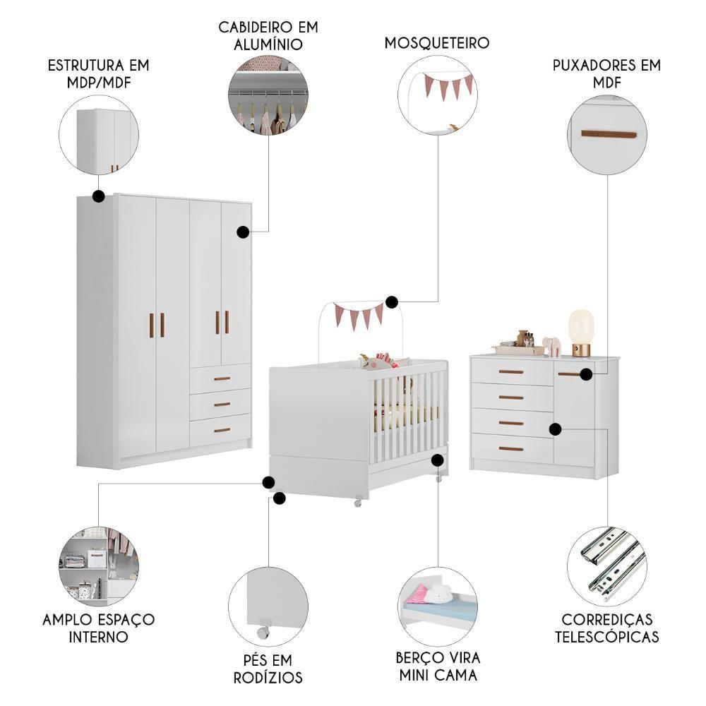 Quarto Infantil 3 Peças Com Berço Americano Nelly Branco Z49 - Mpozenato - 3