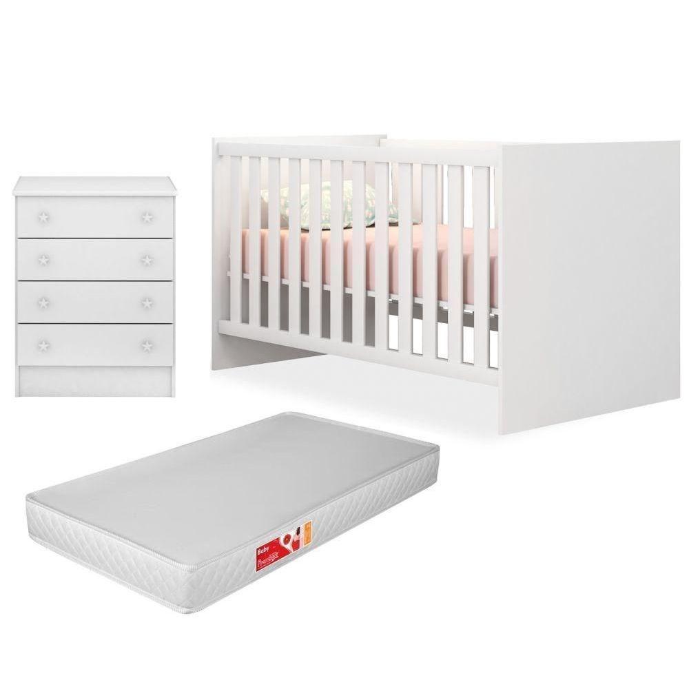 Quarto De Bebê Cômoda 777 E Berço 1344 Certificado Pelo Inmetro Doce Sonho Com Colchão Branco - Qmovi - 1
