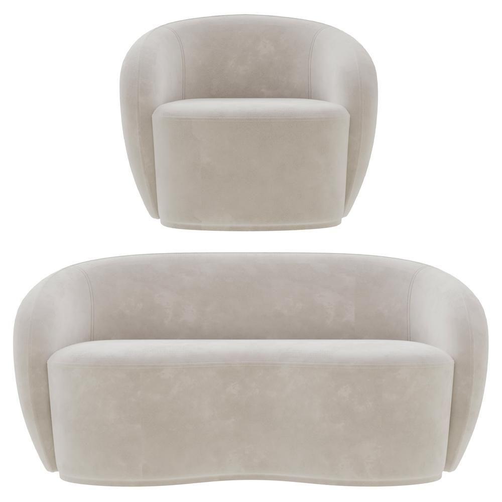 Sofá 3 Lugares Living 180cm E 1 Poltrona Giratória Garbin Z08 Veludo Bege - Mpozenato - 1