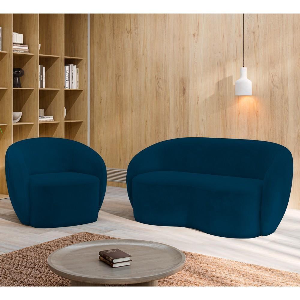 Sofá 3 Lugares Living 180cm E 1 Poltrona Giratória Garbin Z08 Veludo Azul Marinho - Mpozenato - 2