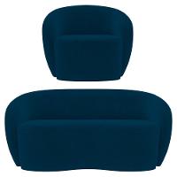 Sofá 3 Lugares Living 180cm E 1 Poltrona Giratória Garbin Z08 Veludo Azul Marinho - Mpozenato - 1