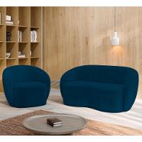 Sofá 3 Lugares Living 180cm E 1 Poltrona Giratória Garbin Z08 Veludo Azul Marinho - Mpozenato - 2