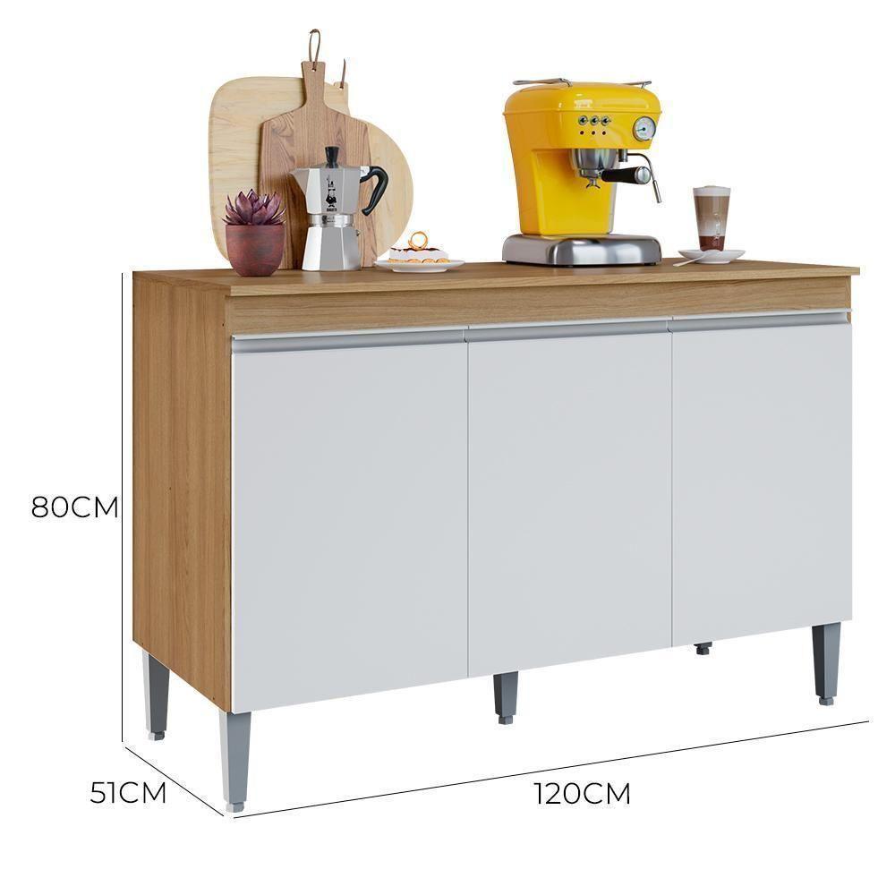 Balcão De Cozinha Manu 120cm 3 Portas Com Tampo Amêndoa/Branco - 4