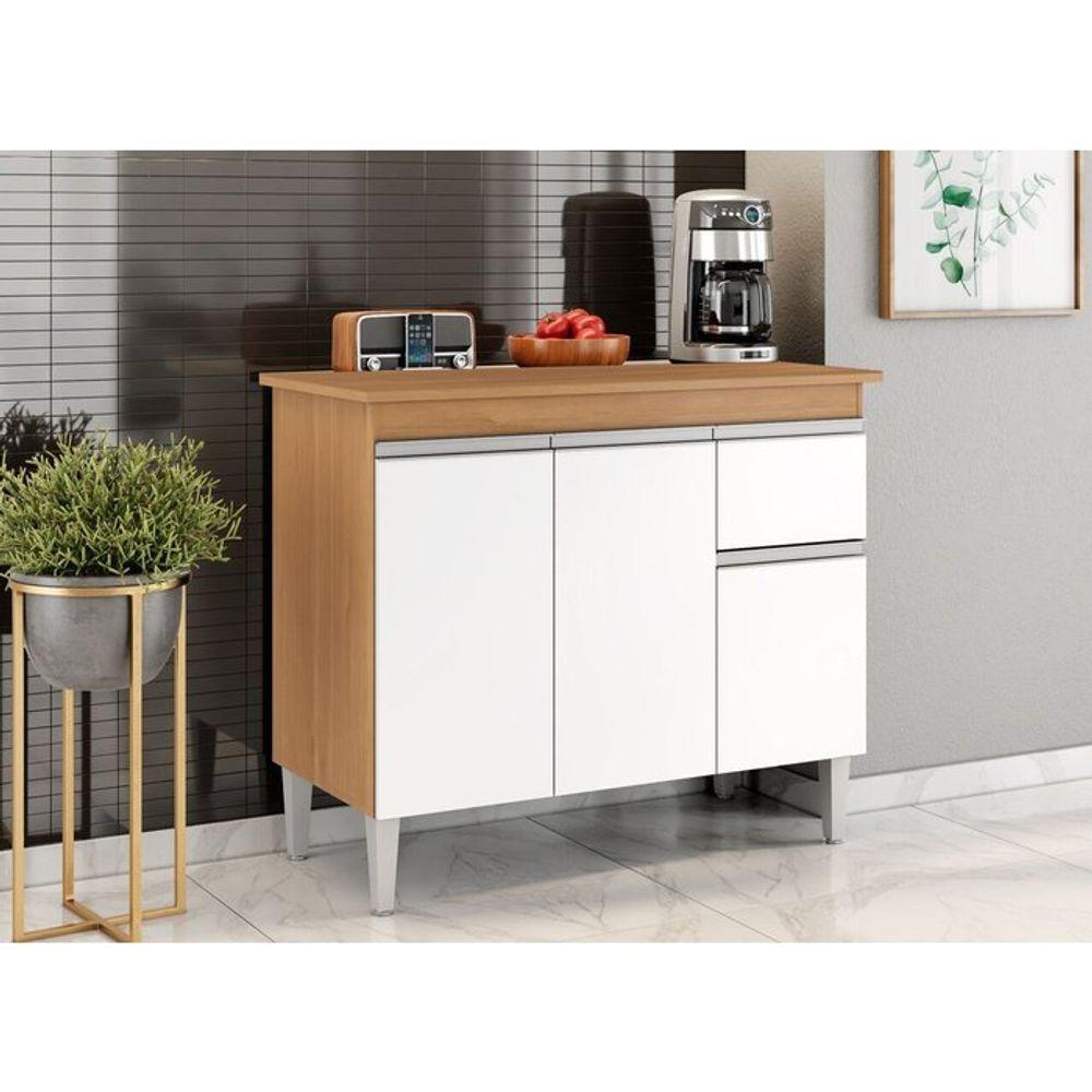 Balcão De Cozinha Tatiane 100cm 3 Portas 1 Gaveta Com Tampo Amêndoa/Branco - 2