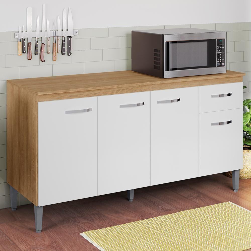Balcão De Cozinha 150cm Gabriela 4 Portas 1 Gaveta Com Tampo Amêndoa/Branco - 2