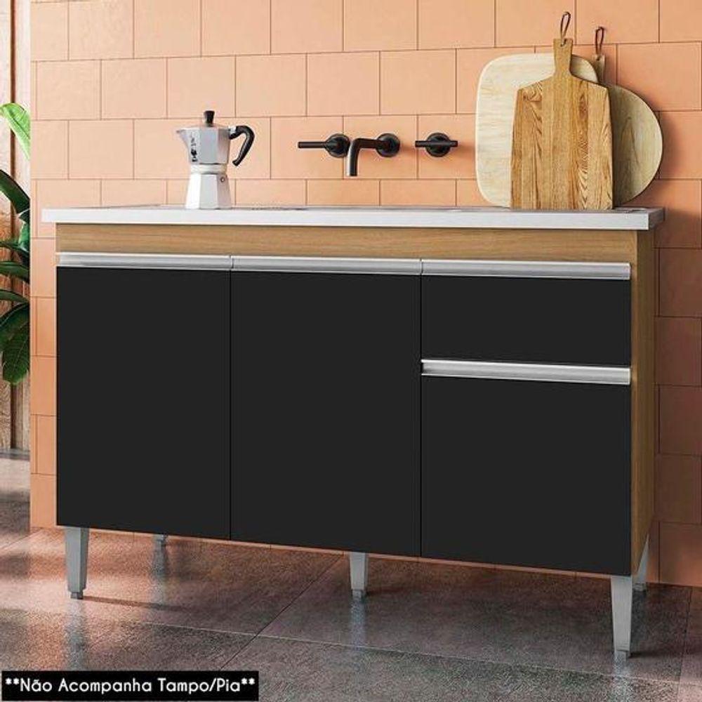 Balcão De Cozinha Para Pia Tatiane 100cm 3 Portas 1 Gaveta Sem Tampo Amêndoa/Preto - 2