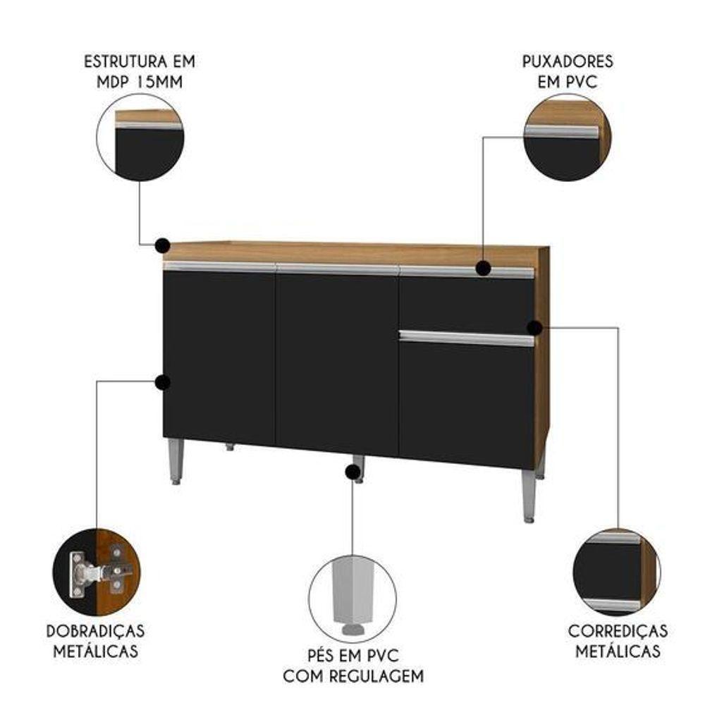 Balcão De Cozinha Para Pia Tatiane 100cm 3 Portas 1 Gaveta Sem Tampo Amêndoa/Preto - 4