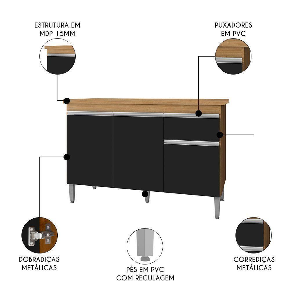 Balcão De Cozinha 120cm Tatiane 3 Portas 1 Gaveta Com Tampo Amêndoa/Preto - 4