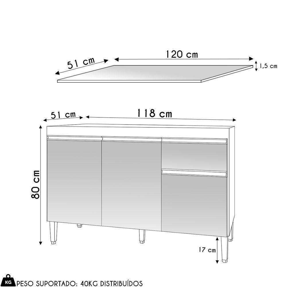 Balcão De Cozinha 120cm Tatiane 3 Portas 1 Gaveta Com Tampo Amêndoa/Preto - 5