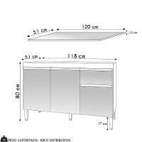 Balcão De Cozinha 120cm Tatiane 3 Portas 1 Gaveta Com Tampo Amêndoa/Preto - 5