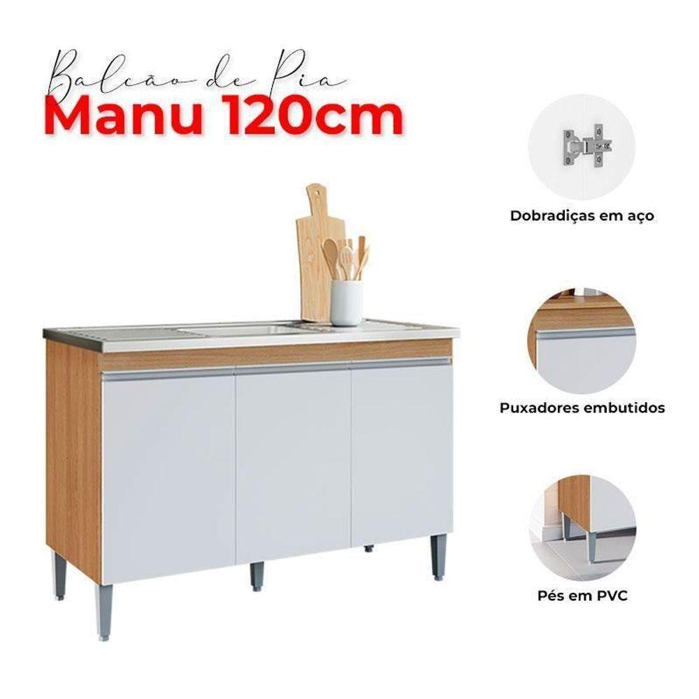 Balcão De Cozinha Para Pia 120cm Manu 3 Portas Sem Tampo Branco Amêndoa/Branco - 4
