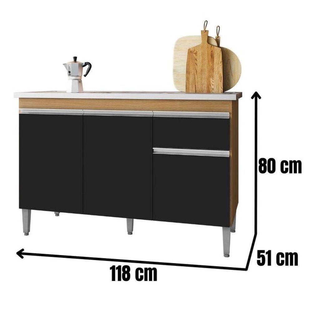 Balcão De Cozinha Para Pia Tatiane 120cm 3 Portas 1 Gaveta Sem Tampo Amêndoa/Preto - 4