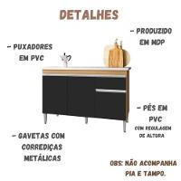 Balcão De Cozinha Para Pia Tatiane 120cm 3 Portas 1 Gaveta Sem Tampo Amêndoa/Preto - 5