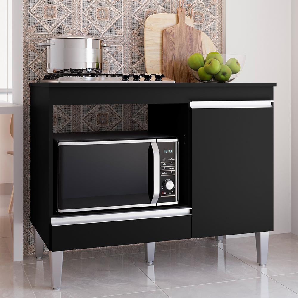 Balcão Cooktop Carla Com Tampo Para 4 Ou 5 Bocas Nicho Para Micro-ondas 1 Porta 1 Gaveta Preto - 2
