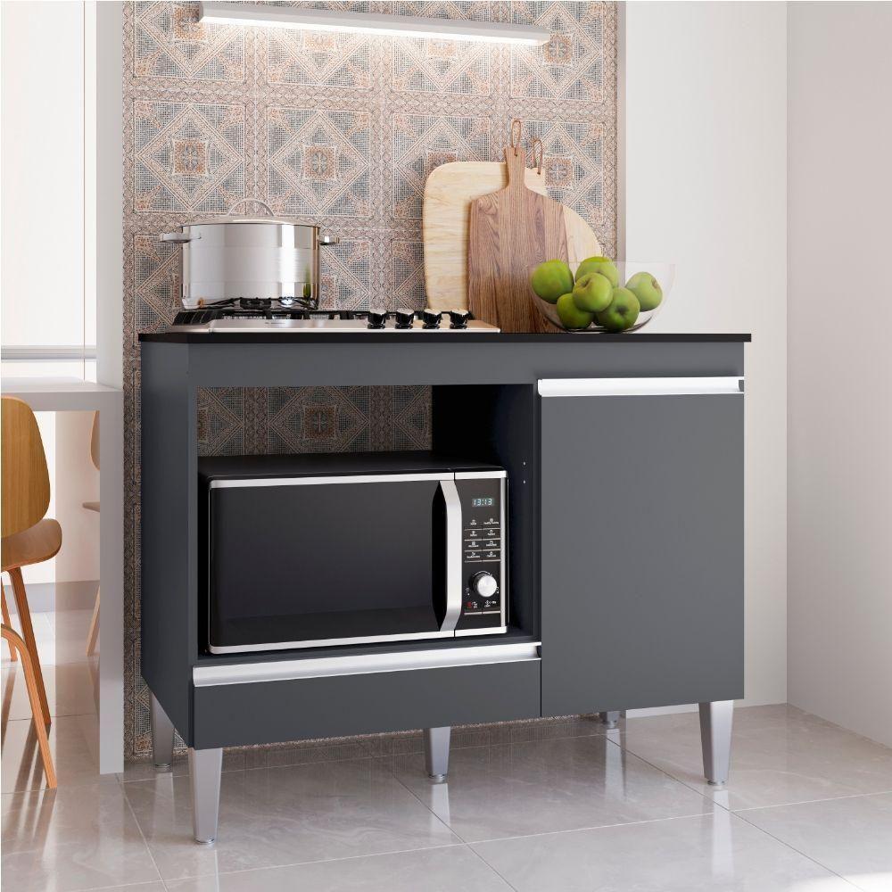 Balcão Cooktop Carla Com Tampo Para 4 Ou 5 Bocas Nicho Para Micro-ondas 1 Porta 1 Gaveta Cinza - 2