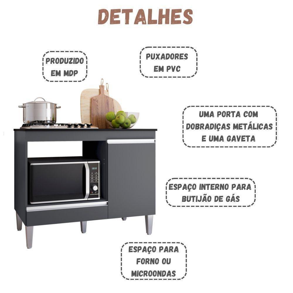 Balcão Cooktop Carla Com Tampo Para 4 Ou 5 Bocas Nicho Para Micro-ondas 1 Porta 1 Gaveta Cinza - 4