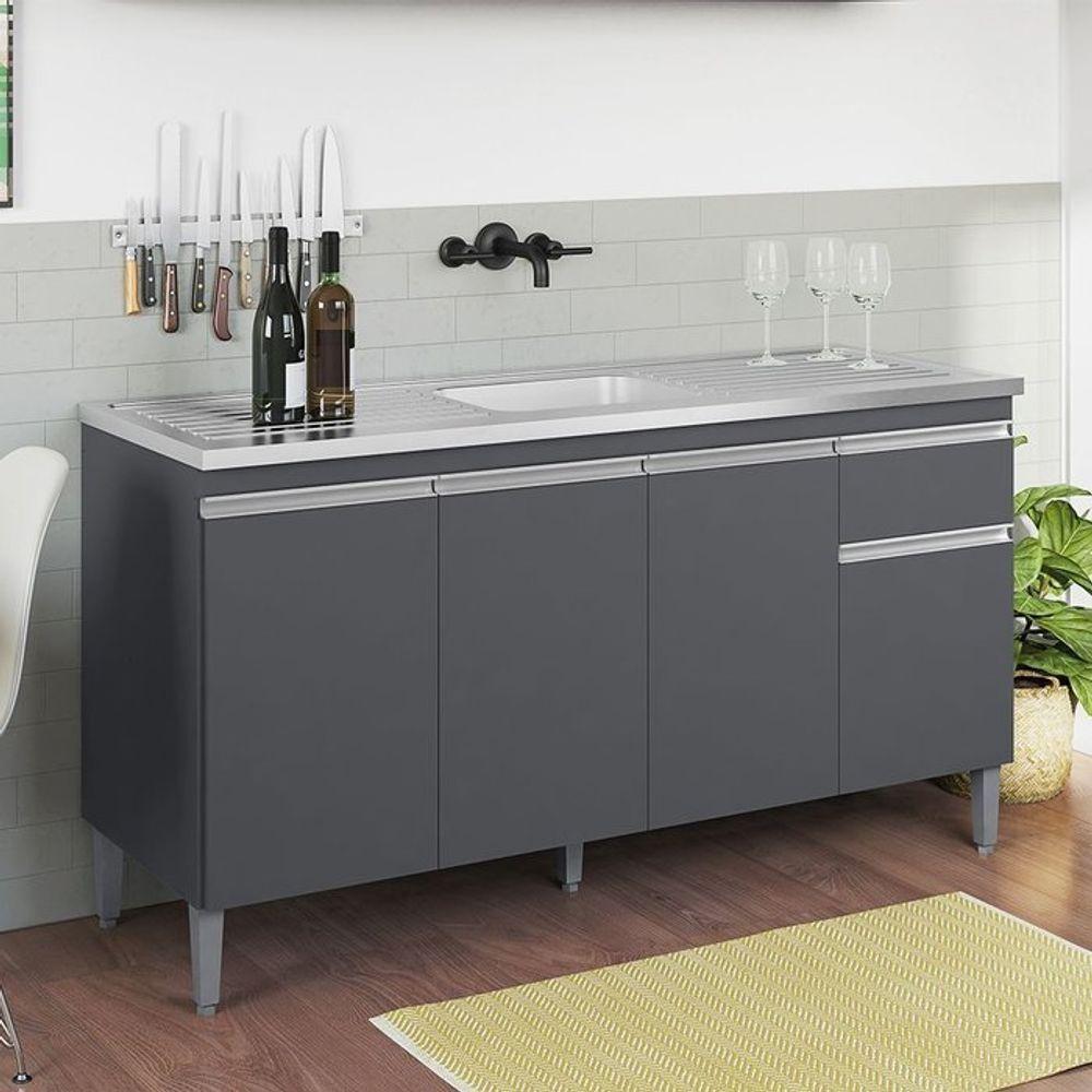 Balcão De Cozinha Para Pia 150cm Tatiane 4 Portas 1 Gaveta Sem Tampo Cinza - 2
