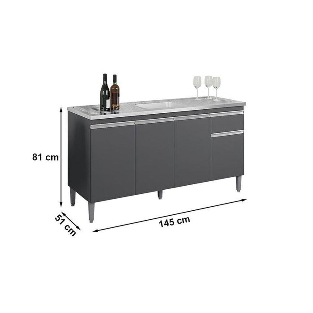 Balcão De Cozinha Para Pia 150cm Tatiane 4 Portas 1 Gaveta Sem Tampo Cinza - 3