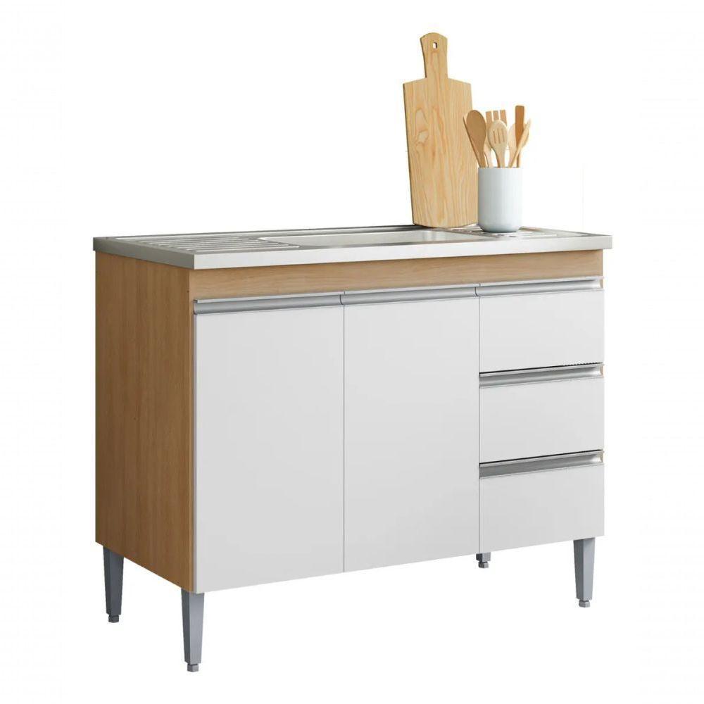 Balcão De Cozinha Andréia 100cm 2 Portas 3 Gavetas Com Tampo Amêndoa/Branco - 2