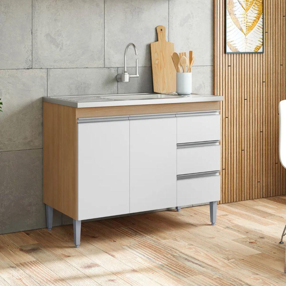 Balcão De Cozinha Andréia 100cm 2 Portas 3 Gavetas Com Tampo Amêndoa/Branco - 3