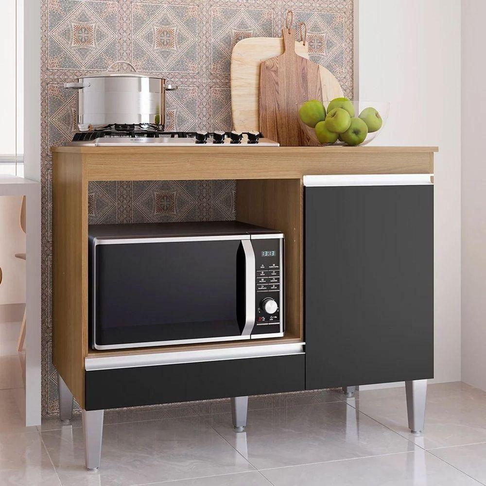 Balcão Cooktop Carla Com Tampo Para 4 Ou 5 Bocas Nicho Para Micro-ondas 1 Porta 1 Gaveta Amêndoa/Preto - 2